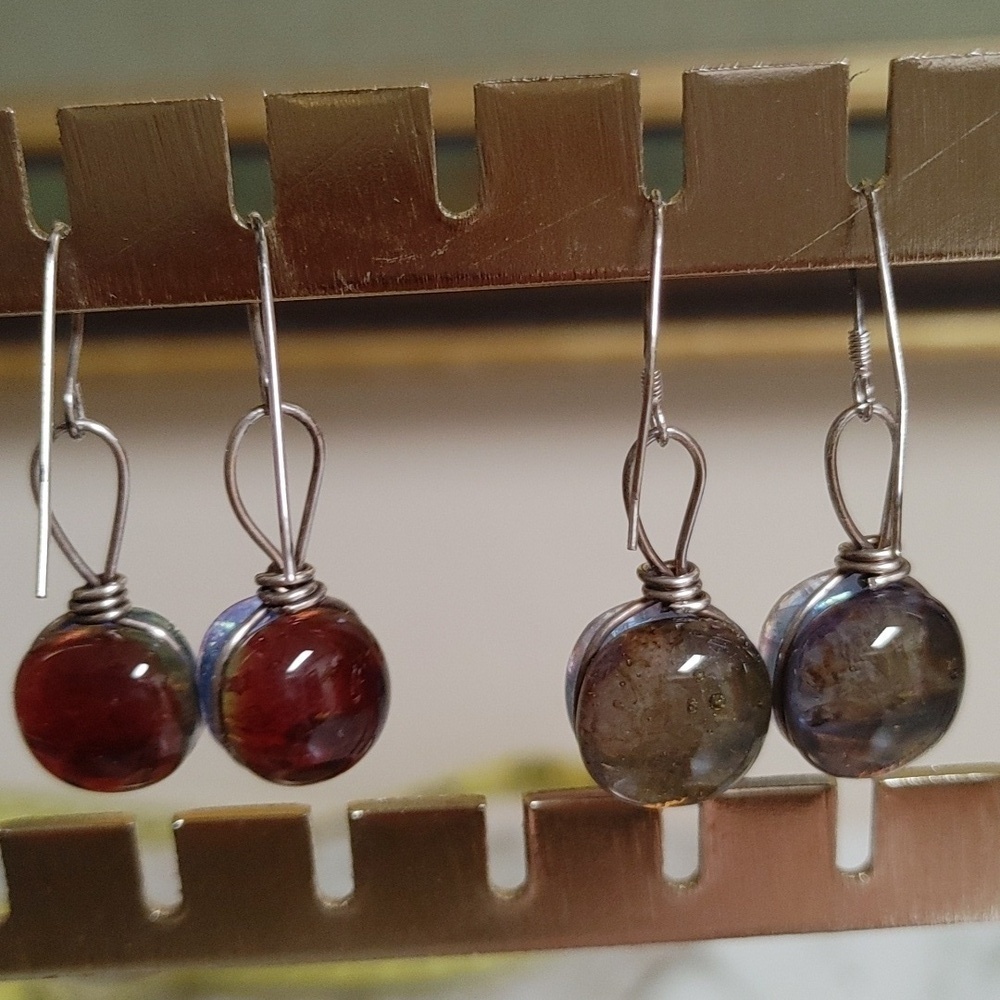Round Dichroic Glass Sterling Wrapped Earrings - Picture 9 of 16